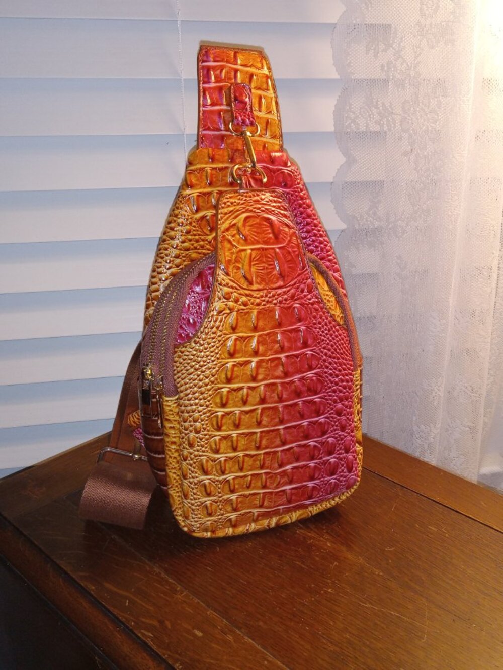 Sling crossbody croc-embossed bag in pink & brown